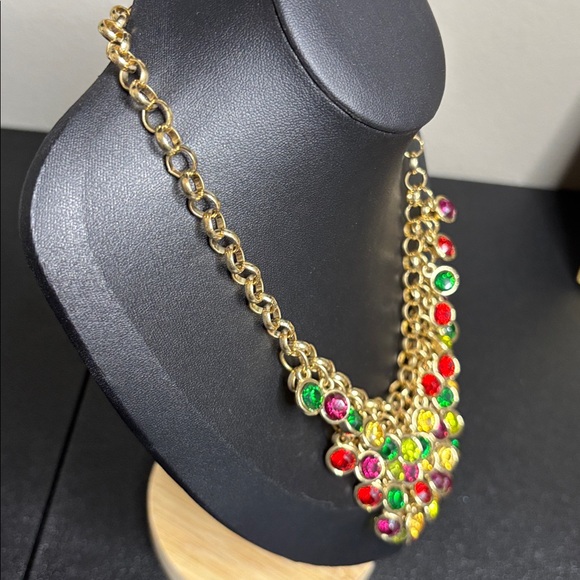 Cha Cha Colorful Charms Chain Holiday Necklace Statement Gold Tone - Picture 5 of 6